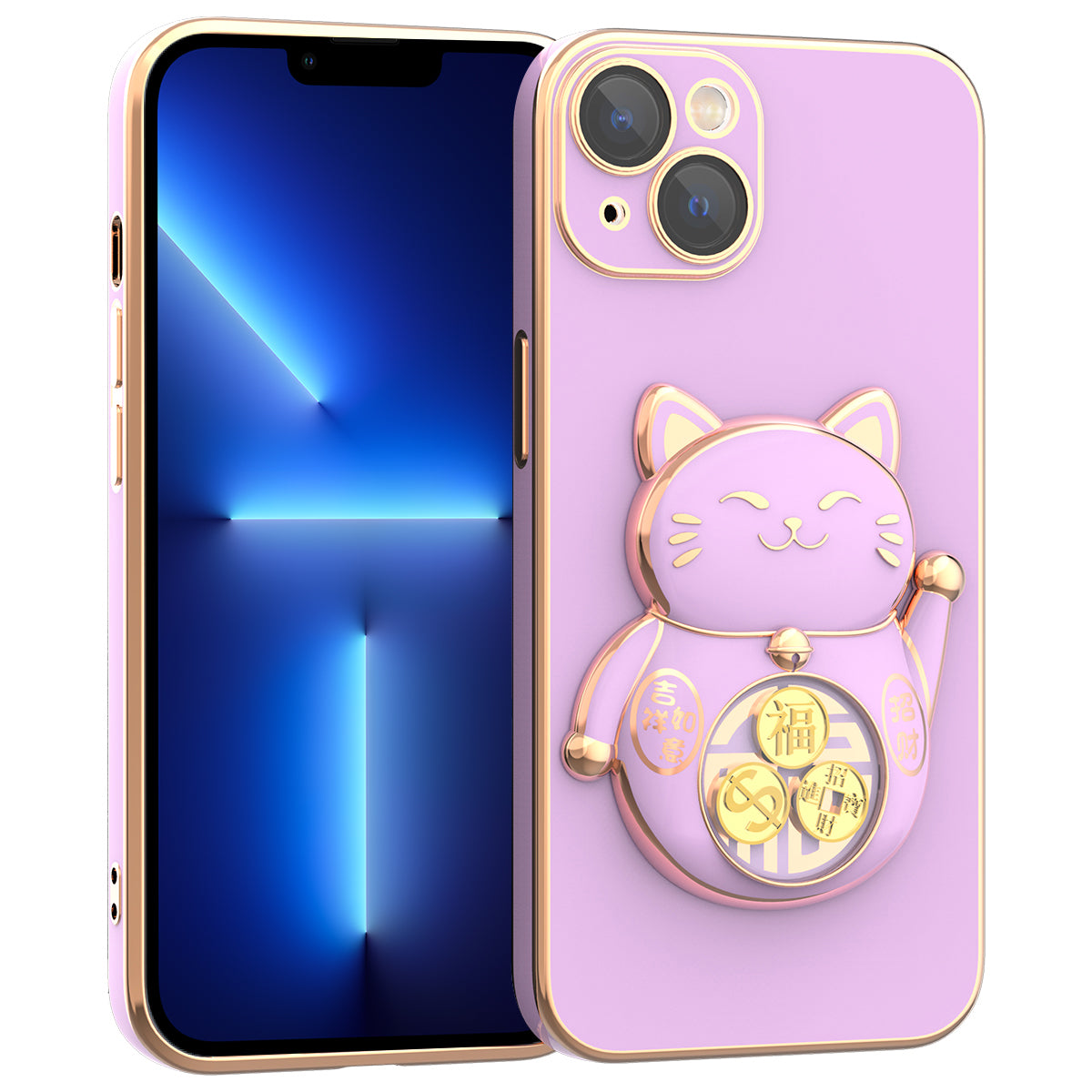 For iPhone 13 6.1 inch Electroplating Phone Case Lucky Fortune Cat Kickstand TPU+PC Shockproof Cover with Camera Lens Protector - Green For iPhone 13 6.1 inch Electroplating Phone Case Lucky Fortune Cat Kickstand TPU+PC Shockproof Cover with Camera Lens Protector - Green